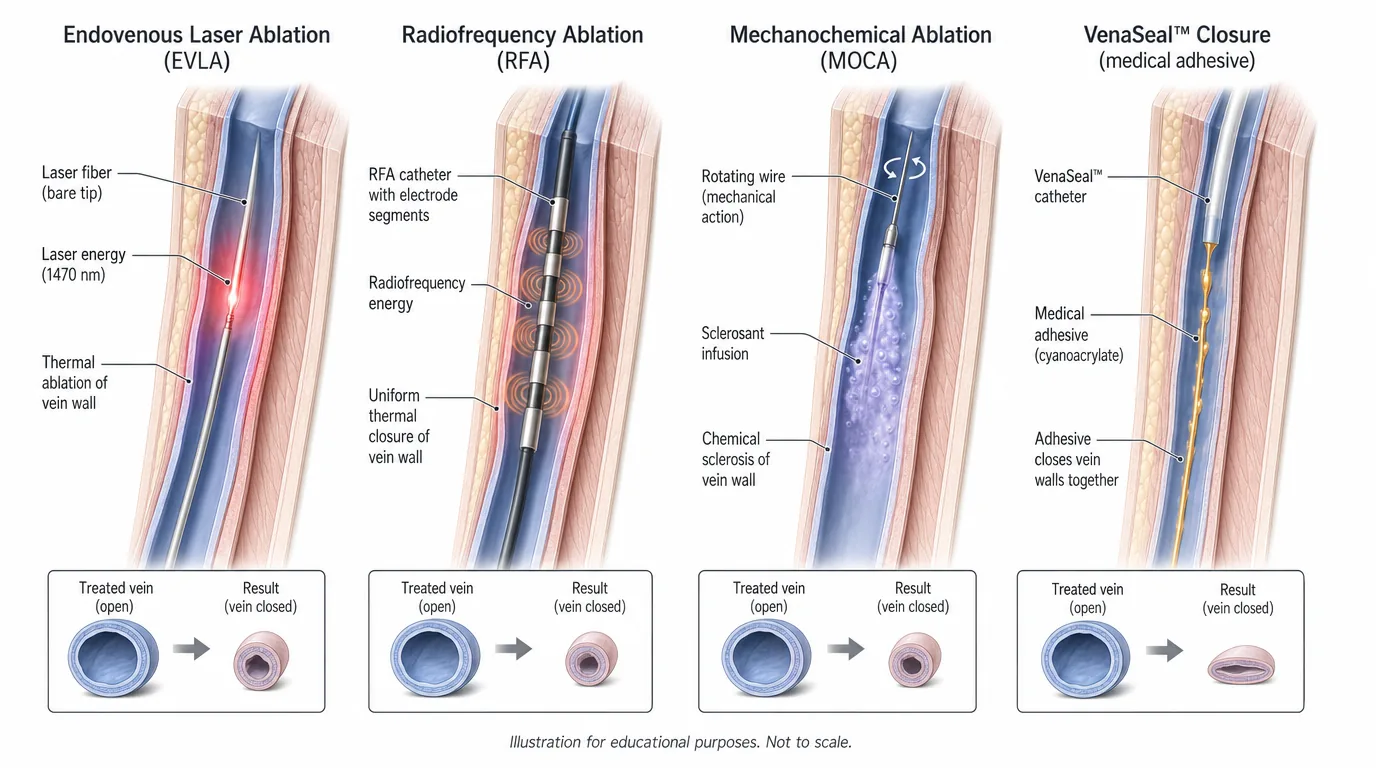 Comparison of four varicose vein treatments: EVLA, RFA, MOCA, and VenaSeal — showing how each method closes the diseased vein