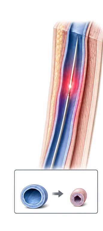 Endovenous Laser Ablation (EVLA) — laser fibre inside vein delivering thermal energy to seal the vein wall