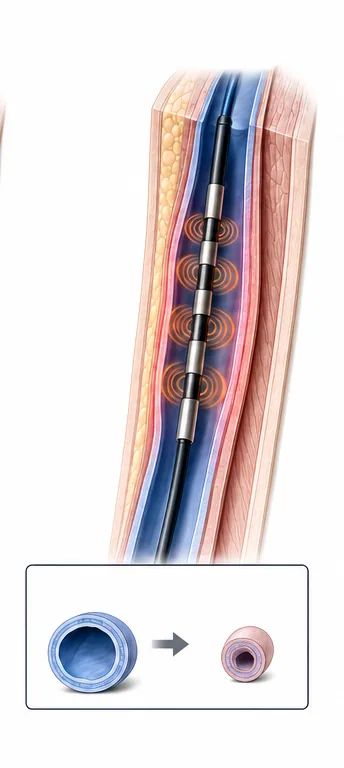 Radiofrequency Ablation (RFA) — catheter with electrode segments delivering uniform thermal energy to close the vein