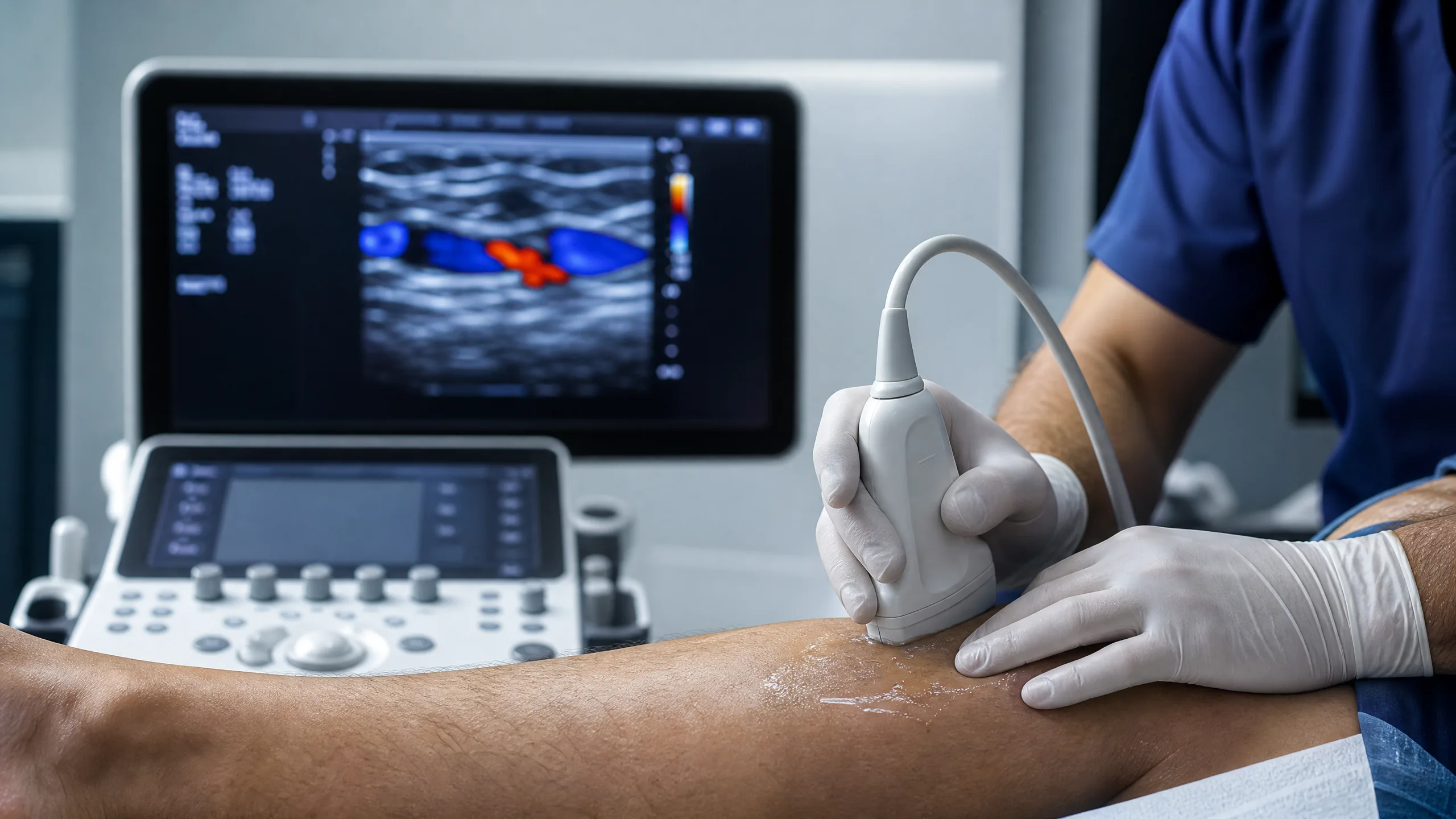 Venous duplex ultrasound examination — a vascular surgeon performing colour Doppler scanning of leg veins to assess blood flow and valve function
